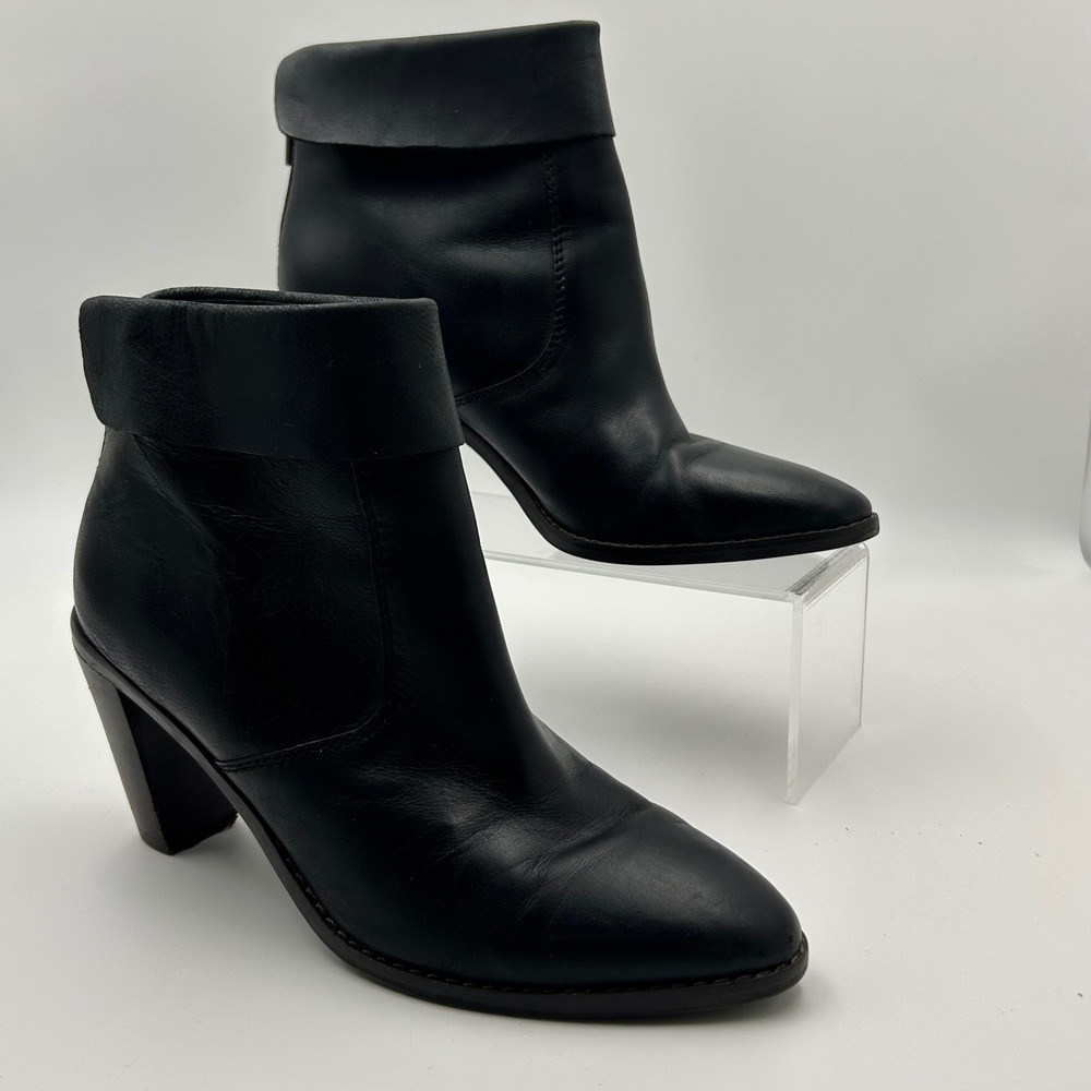 Lucky Brand Ankle Boots Womens‎ 6.5 Black Leather Fold Over Cuff Block Heel Chic